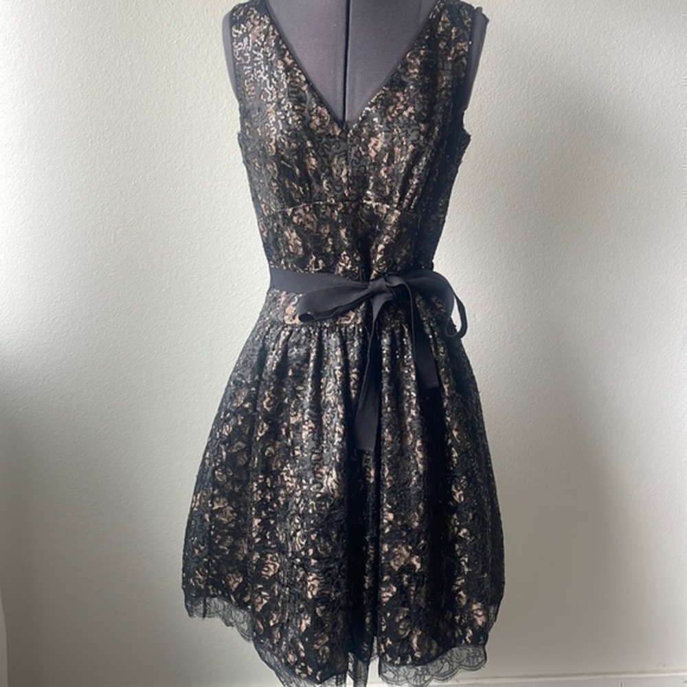 Eliza J Dress Black lace nude colored size 8 sequined balletcore fit and flare
